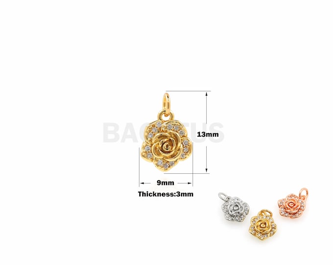 1Pcs Rose Gold Rose Pendant, Single Rose Pendant, Micro-Pave Rose Accessories For Making Necklace Bracelets Rose Red Charm 13x9x3mm