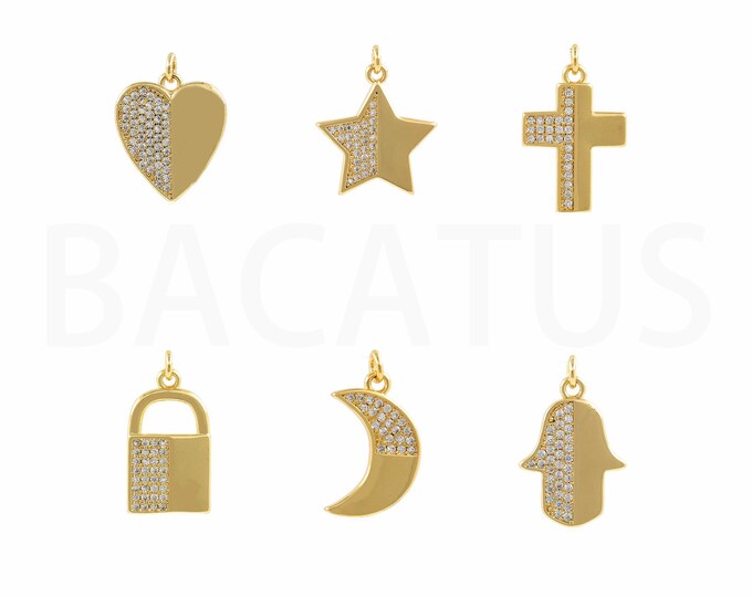 18K Gold Filled Heart Pendant,Gold Dainty CZ Cross Charms,Hamsa Charm Bracelet Necklace for DIY Jewelry Making Supply