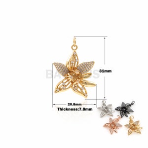 1PCS ユリペンダント フラワーペンダント 植物チャーム DIY ジュエリーメイキング 中空花びら 18K ゴールドフィルド キュービックジルコニア CZ 舗装 31x20.8x7.8 mm