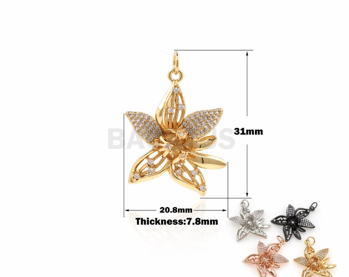 1PCS Lily Pendant Flower Pendant Plant Charm DIY Jewelry Making Hollow Petals 18K Gold Filled Cubic Zirconia CZ paving 31x20.8x7.8mm