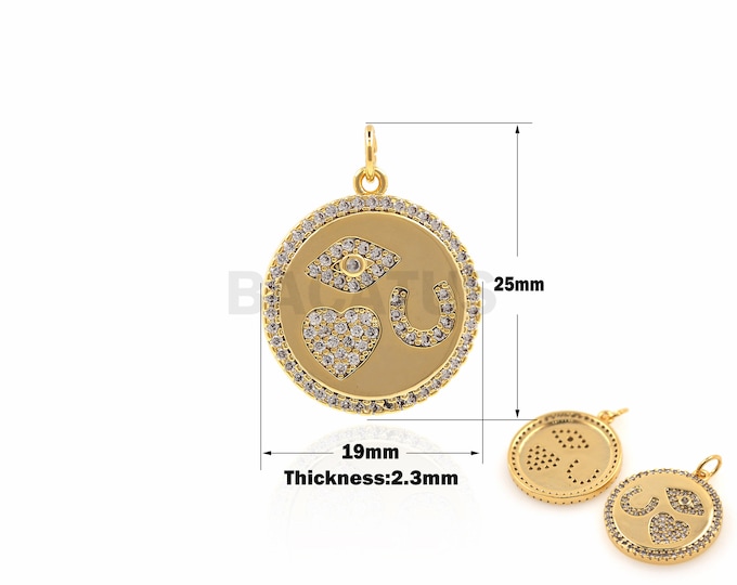1PCS Round Gold Coin Pendant Love Charm Eye Charm U-shaped Charm Suitable for Bracelet, Necklace, Jewelry Making Micro-Pave 25x19x2.3mm