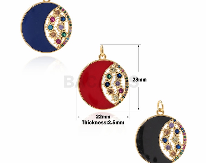 1PCS Disc Moon Pendant Round Charm Enamel Charm Crescent Jewelry DIY Jewelry Making Disc Micro-inlaid Colored Zircon CZ Charm 28x22x2.5mm