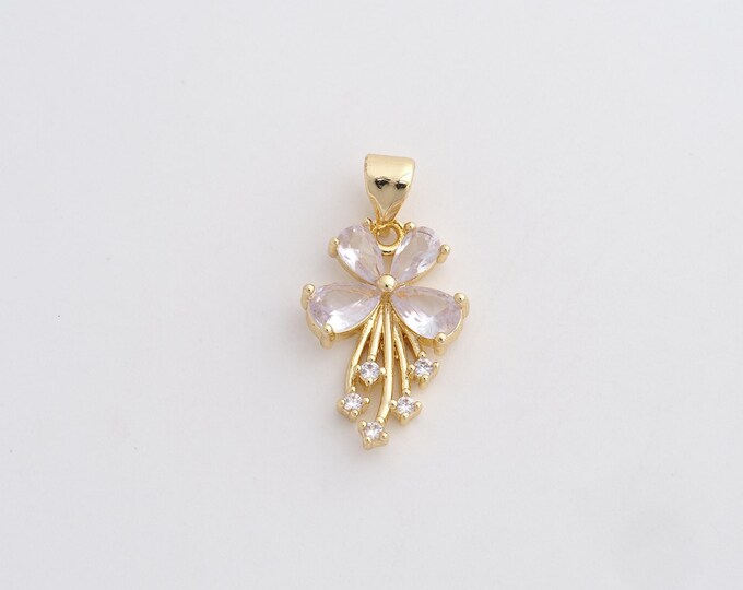 18K Gold Filled Flower Charm, Micropavé CZ Flower Pendant,Flower Necklace Charm, DIY Jewelry Supplies, 23.8x13x3.6mm