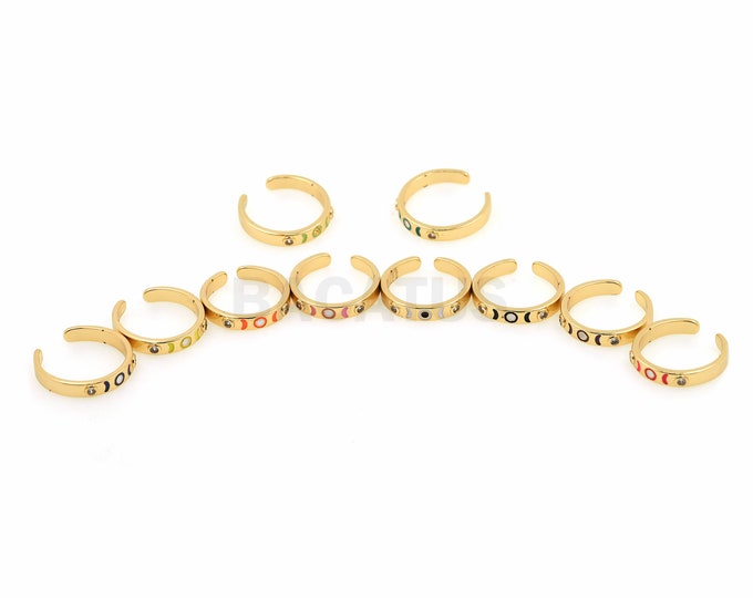 18K Gold Filled Enamel Moon Phase Ring, Enamel Charm, Micropavé CZ Thin Ring, Gold Open Ring, Adjustable Ring, Stackable Ring