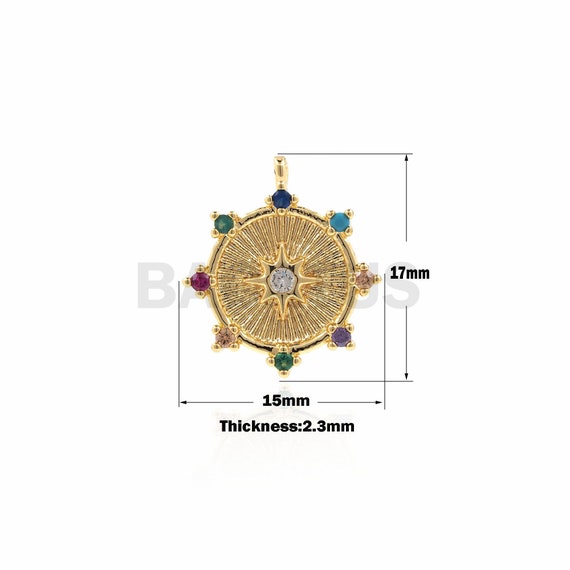 1PCS Micro-Pave Starburst Pendant, CZ Disc Necklace, Polaris Pendant, Polaris Charm, Suitable For Jewelry Making Products 17x15x2.3mm