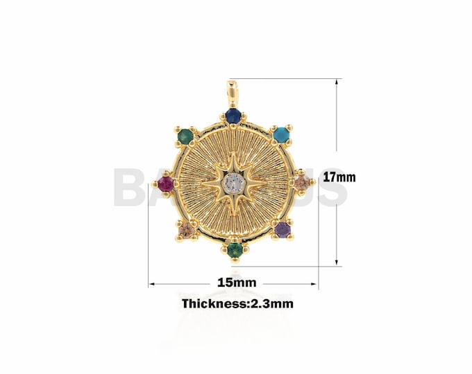 1PCS Micro-Pave Starburst Pendant, CZ Disc Necklace, Polaris Pendant, Polaris Charm, Suitable For Jewelry Making Products 17x15x2.3mm