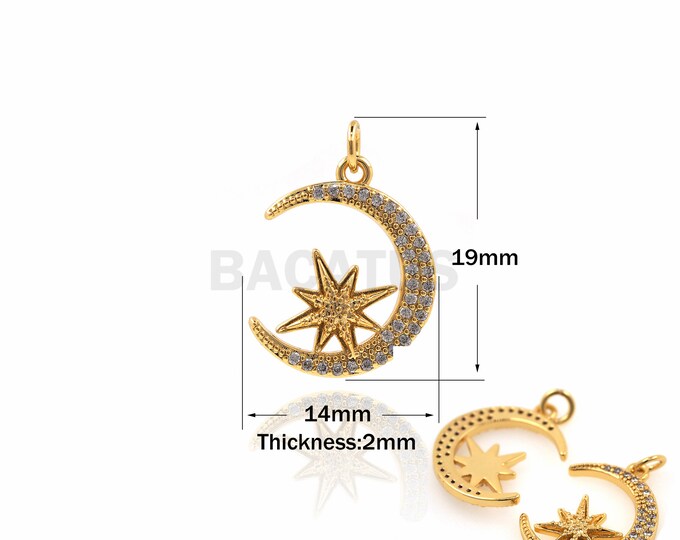 1PCS Polaris Pendant Celestial Jewelry Moon Pendant DIY Jewelry Making Supplies Micro-Pave 18K Gold Filling Crescent Charm 16.5x9x2.3mm