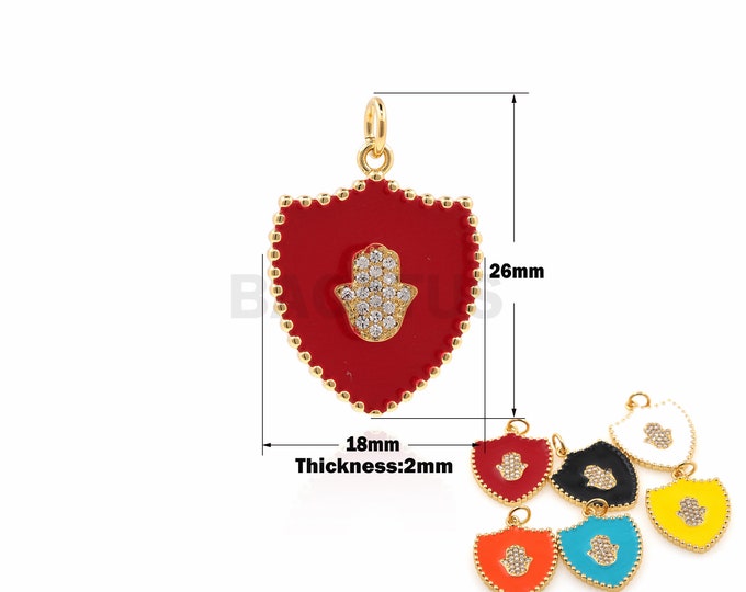 Enamel Hamsa Pendant,Enamel Shield Pendant,18K Gold Filled Slap Necklace, Micropavé CZ Hamsa Charm,Hamsa Necklace, Shield Necklace 26x18x2mm