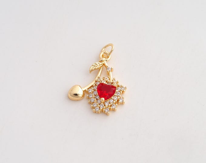 18K Gold Filled Cherry Charm,Dainty Fruit Pendant,CZ Cherry Pendant ,DIY Jewelry Supplies,21.6x15.3x4.3mm