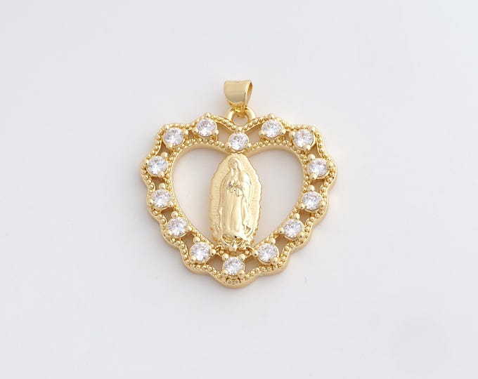 18K Gold Filled Virgin Mary Pendant,Gold Dainty Religion Charms, Heart Charm Bracelet Necklace for DIY Jewelry Making Supply,33.3x30.3x4mm