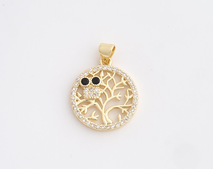18K Gold Filled Tree of Life Charm, Micropavé CZ Round Pendant,Tree Necklace Charm, DIY Jewelry Supplies, 25.7x19x2.8mm