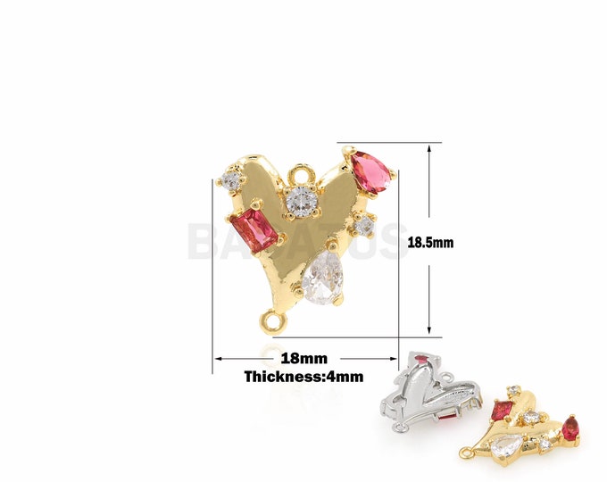 1Pcs 18K Gold-Plated Brass Zircon Heart-Shaped Geometric Pendant Connector Two-Hole Love Hand Brand Jewelry Connector CZ Charm 18.5x18x4mm