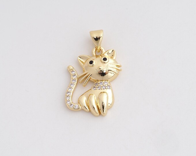 18K Gold Filled Cat Pendant,MicroPaved CZ Cat Charms,Animal Necklace for DIY Jewelry Making Supplies,26.3x16x3.8mm