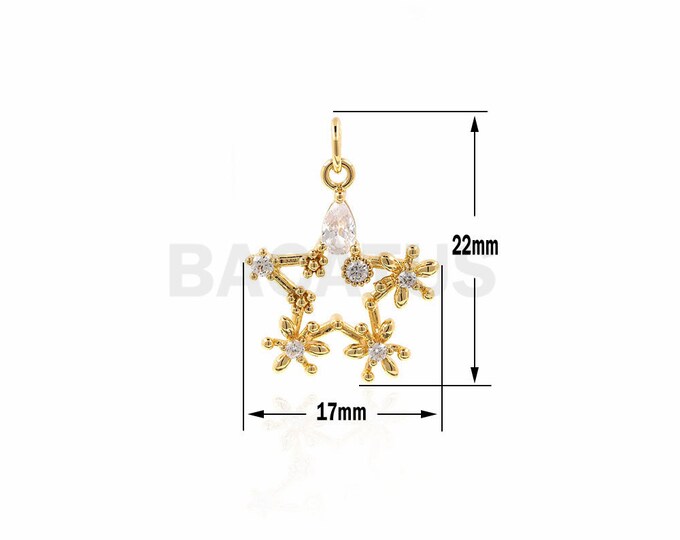 Shiny Flower On Star Charm,zircon flower Star Shape charm,Gold plated Brass Five Point Star 17x22x3.5mm 1PCS