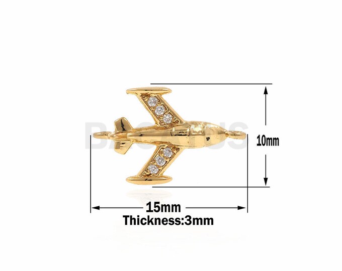 Micro Pave CZ Plane Bracelet Connector,Brass Airplane,Gold jet plane for DIY Jewelry Supply 15x10x3mm 1pcs