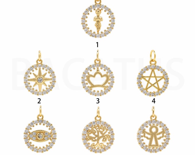 18K Gold Filled Round Pendant,Gold Dainty CZ Tree of Life Charms,Devil Eye Charm Bracelet Necklace for DIY Jewelry Making Supply
