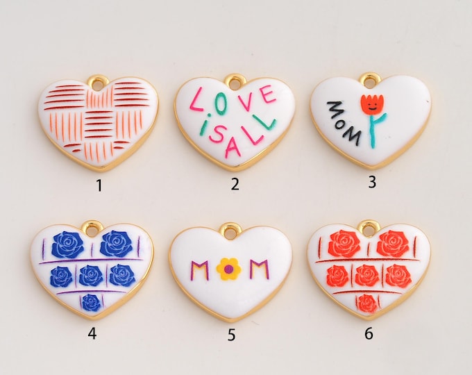 18K Gold Filled Heart Pendant,Enamel Heart Letter Charms,Flower Charm DIY Jewelry Making Supply,17.7x20.3x3.6mm