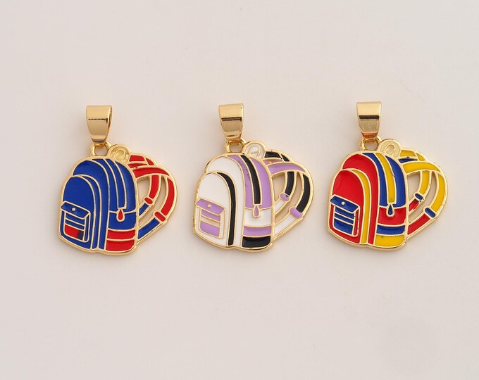 18K Gold Filled School Bags Charm,Dainty Enamel Backpack Pendant,Bag Pendant ,DIY Jewelry Supplies,24.5x18.8x1.7mm