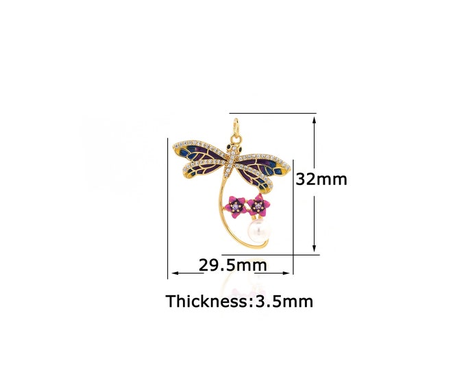 18K Gold Filled Dragonfly pendant,Gold Dainty Pearl Dragonfly Charms,Simple pendant Bracelet Necklace for DIY Jewelry Making Supply