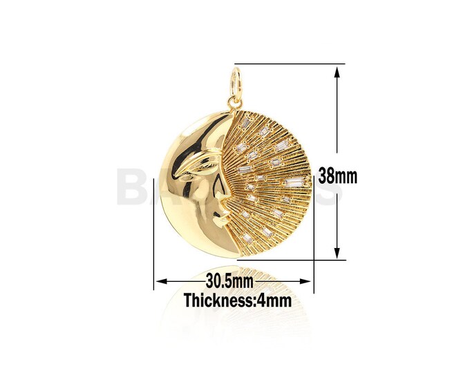 CZ Moon Pendant, Crescent Pendant, Celestial Coin Medal Pendant, used for bracelets and necklaces 38x30.5x4mm 1PCS