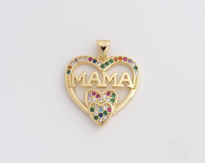 18K Gold Filled MAMA Charm, Micropavé CZ Heart Pendant,Letter Necklace Charm, DIY Jewelry Supplies, 28x23x3.2mm