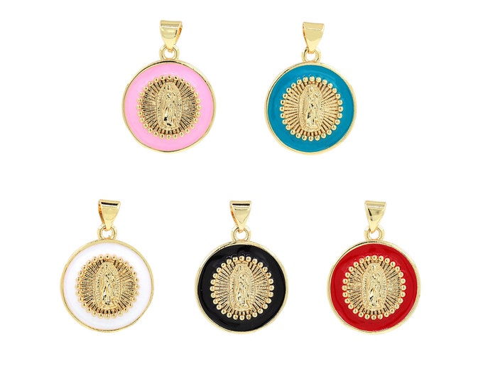 18K Gold Filled Enamel Virgin Mary Pendant,Gold Dainty Religion Charms,Round Charm Bracelet Necklace for DIY Jewelry Making Supply