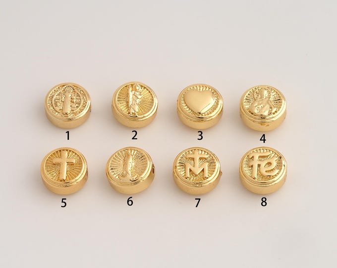 5 pcs Gold Heart Jesus Saint Jude Cross Beads, 18K Gold Filld Fe San Miguel Virgin Mary Beads,for Jewelry Making Supplies,9.8x4mm Hole 2mm