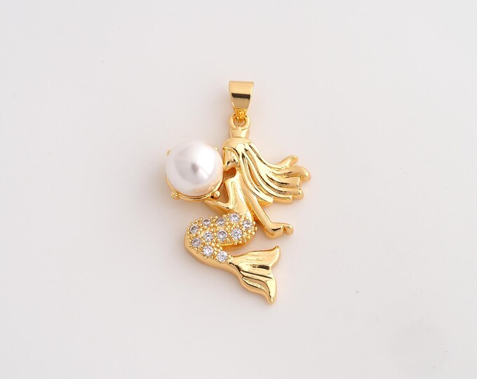 18K Gold Filled Mermaid Charm,Dainty Mermaid Pendant,CZ Mermaid Pendant ,DIY Jewelry Supplies,32.5x20x8.8mm