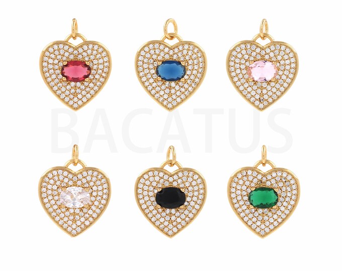 Heart Necklace, Micropavé CZ Love Charm, Heart Charm, 18K Gold Filled Dainty Pendant, DIY Jewelry Supplies, 17x21.5x3.5mm