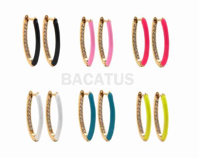 1 Pair, 18K Gold Filled Enamel Earrings, Micro-Pave CZ Simple Earrings, Multi-Color Optional 26x15x2.5mm