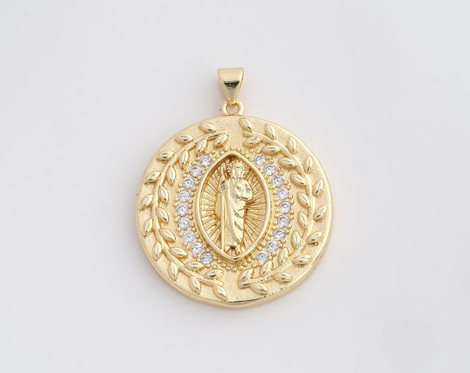 18K Gold Filled Saint Jude Pendant,Round St.Juda Charms,Religion Charm Bracelet Necklace for DIY Jewelry Making Supply,36.6x29.6x4.5mm