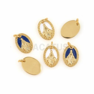 May include: Six gold-colored oval charms with a religious theme. Three charms feature a white image of the Virgin Mary with a blue background. Three charms are blank.