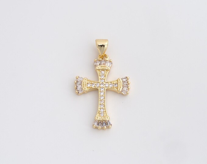 Cross Charm,18K Gold Filled Cross Necklace,Religious Charm, MicroPave CZ Christian Charm, DIY Jewelry Supplies, 30x17.8x2.6mm