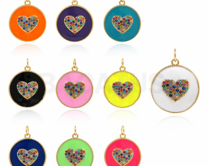 Micropavé CZ Enameled Love Round Pendant, 18K Gold Filled Enamel Coin Necklace, Love Pendant, DIY Jewelry Making Supplies 24.5x18.5x2.7mm