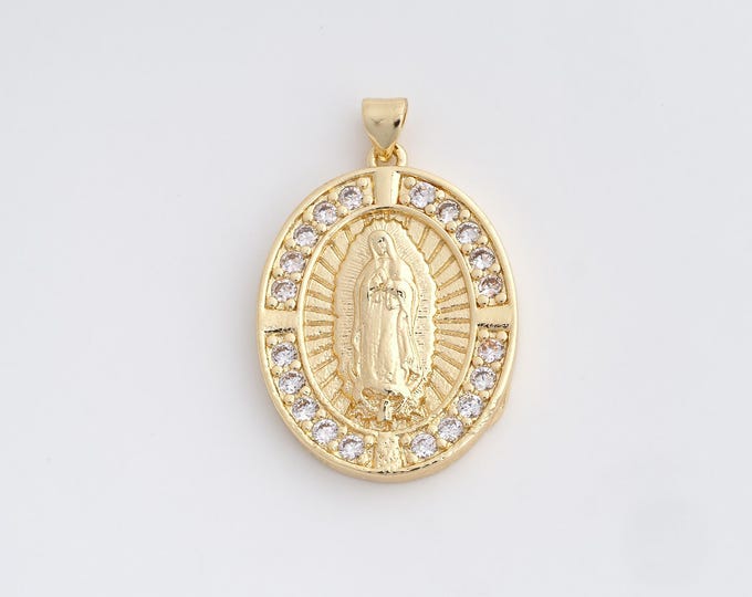 18K Gold Filled Virgin Charm, Religious Necklace, Micropavé CZ Our Lady Necklace, Maria Pendant, DIY Jewelry Supplies, 36.8x24x3.7mm