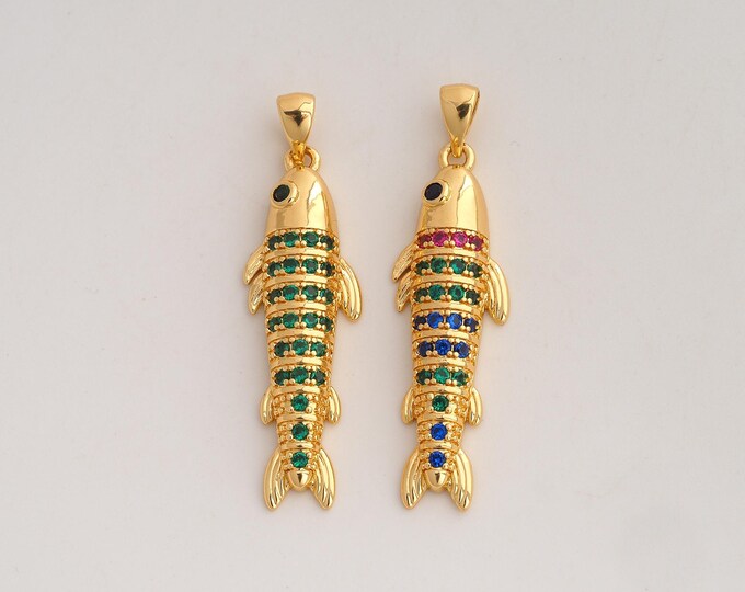 18K Gold Filled Fish Charm,Dainty Marine Life Pendant,CZ Fish Pendant ,DIY Jewelry Supplies,40x11x4mm