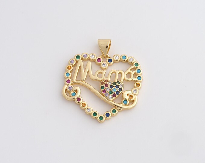 18K Gold Filled MAMA Charm, Micropavé CZ Heart Pendant,Letter Necklace Charm, DIY Jewelry Supplies, 28x25x3.3mm