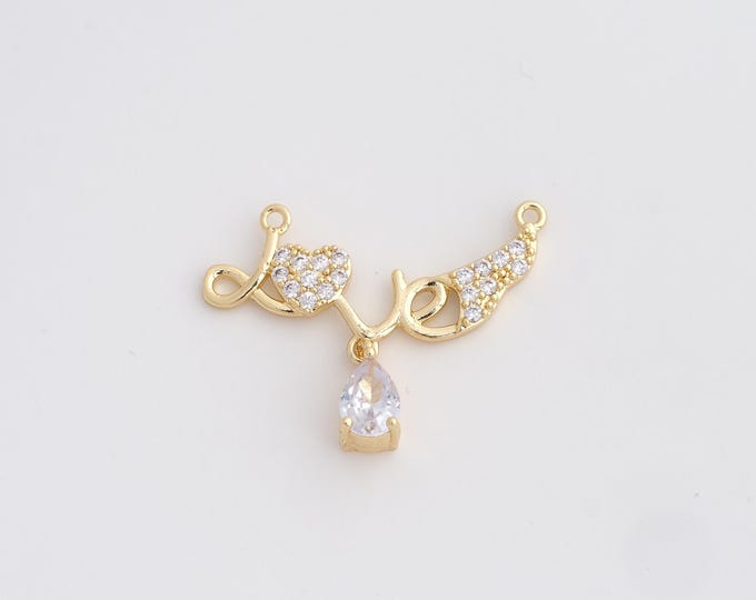 18K Gold Filled LOVE Charm, Micropavé CZ Heart Pendant,Letter Necklace Charm, DIY Jewelry Supplies, 22.6x28x3mm