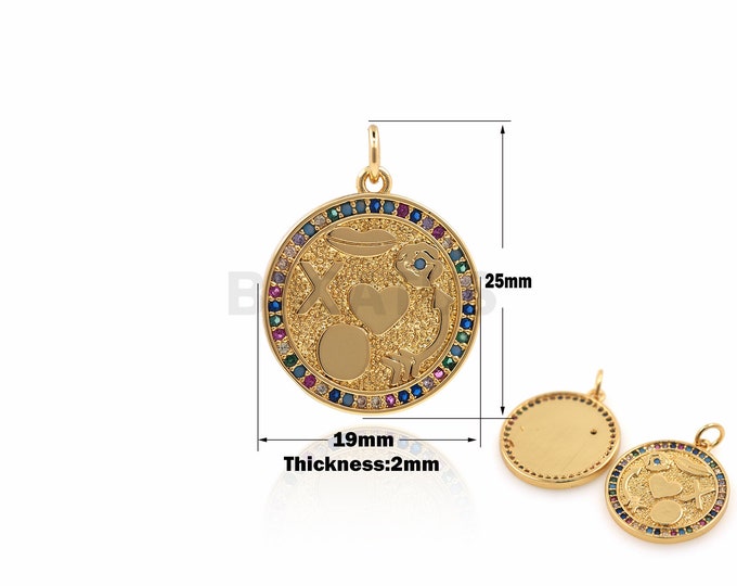 1PCS Suitable For Necklaces, Jewelry Making Supplies, Round Coin Pendants, Micro-Inlaid Colored Zircons, Gold Coin Necklaces 25x19x2mm