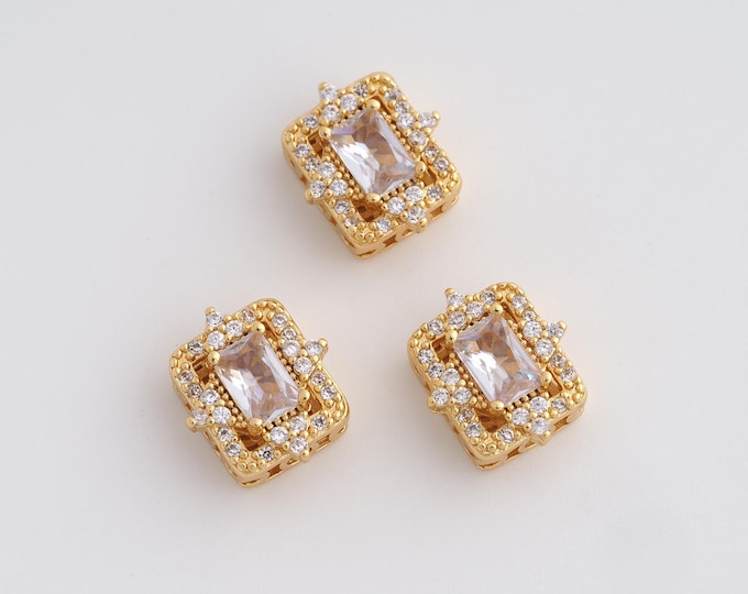 Square Spacer Beads, Micropavé CZ Bracelet Necklace Beads, 18K Gold Filled Gemstone Beads, DIY Jewelry Supplies, 12.8x11.2x5.7mm