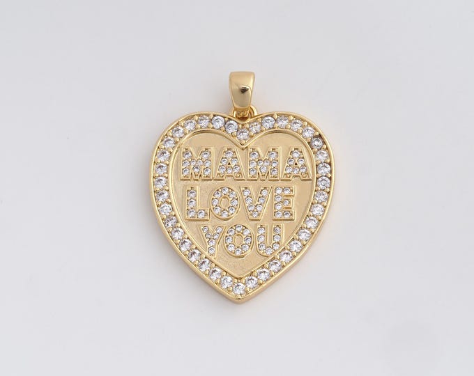 18K Gold Filled MAMA Love You Charm, Micropavé CZ Heart Pendant,Letter Necklace Charm, DIY Jewelry Supplies, 37.2x28.2x2.5mm