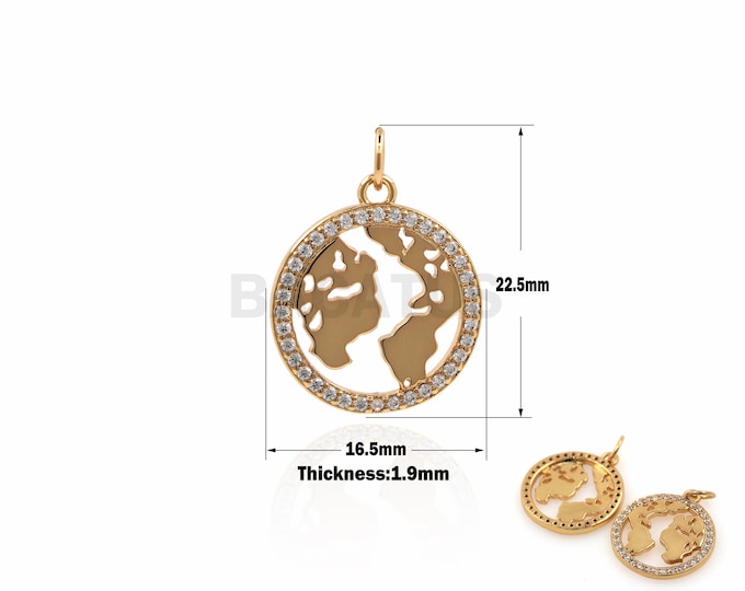 1PCS World Map Pendant Round Pendant Map Charm Travel Charm Earth Necklace DIY Jewelry Making Gold Filled Cubic Zirconia 22.5x16.9x1.9mm