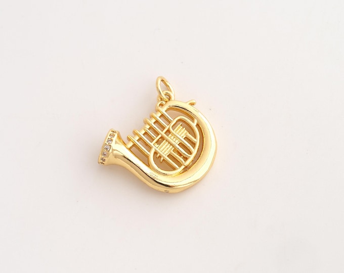 18K Gold Filled French Horn Charm,Dainty Musical Instrument Pendant,CZ French Horn Pendant ,DIY Jewelry Supplies,22.2x20.5x7mm