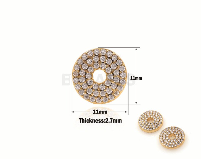 1pcs CZ Micro pave flat coin bead，Round Disc Pave Charm，round connector  jewelry 11x11x2.7mm