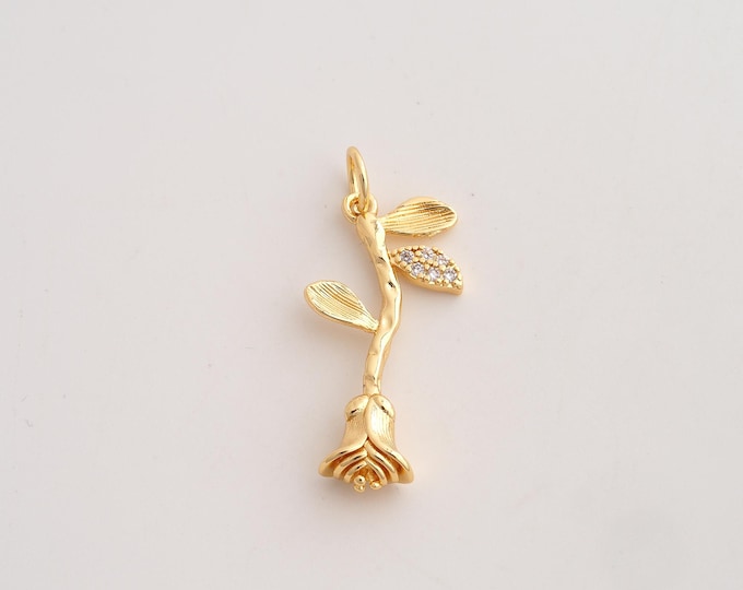 18K Gold Filled Rose Flower Charm,Dainty Flower Pendant,CZ Rose Pendant ,DIY Jewelry Supplies,33.5x14x5mm