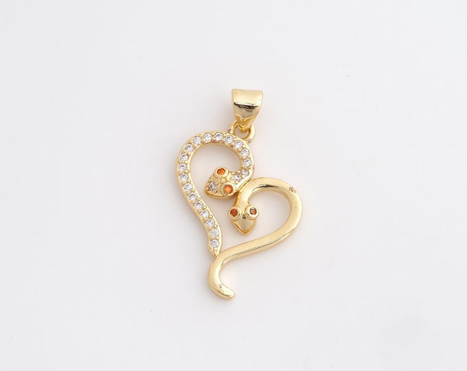 18K Gold Filled Snake Charm, Micropavé CZ Animal Pendant,Snake Necklace Charm, DIY Jewelry Supplies, 28.7x17x3.2mm