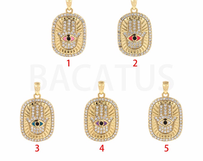 18K Gold Filled Eye Jewelry, Hamsa Pendant,Rectangular Eye Necklace,Hamsa Charm,Eye Charm,DIY Jewelry Accessories 14.6x25.5x3.3mm