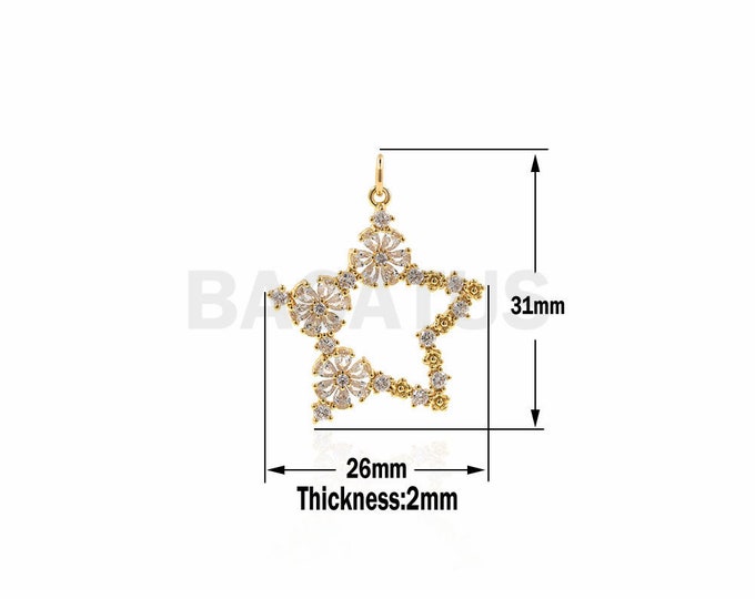 Gold Open CZ Pave Star ,Gold Sparkly Star Charm,Star Necklace Jewelry 26x31x2mm 1PCS