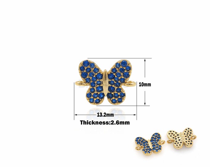 1PCS Cubic ZZirconia Gold-Plated Butterfly Connector, Animal Charm, Butterfly Pendant Supplies For Bracelet Making 18K 10x13.2x2.6mm