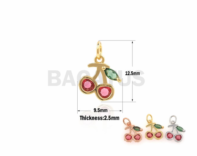 1PCS  CZ Cherry Necklace, Fruit Charm, Fruit Pendant, Pink Cherry Pendant, For Jewelry Making 12.5×9.5×2.5mm
